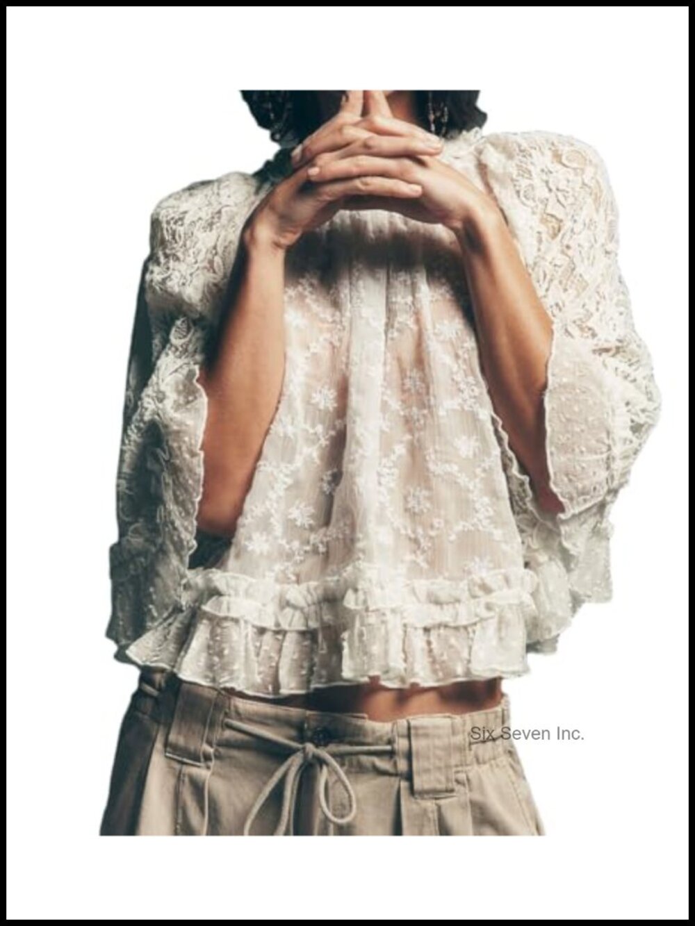 Sheer Mesh Bell Sleeve Tunic Top Ruffle Poncho Blouse